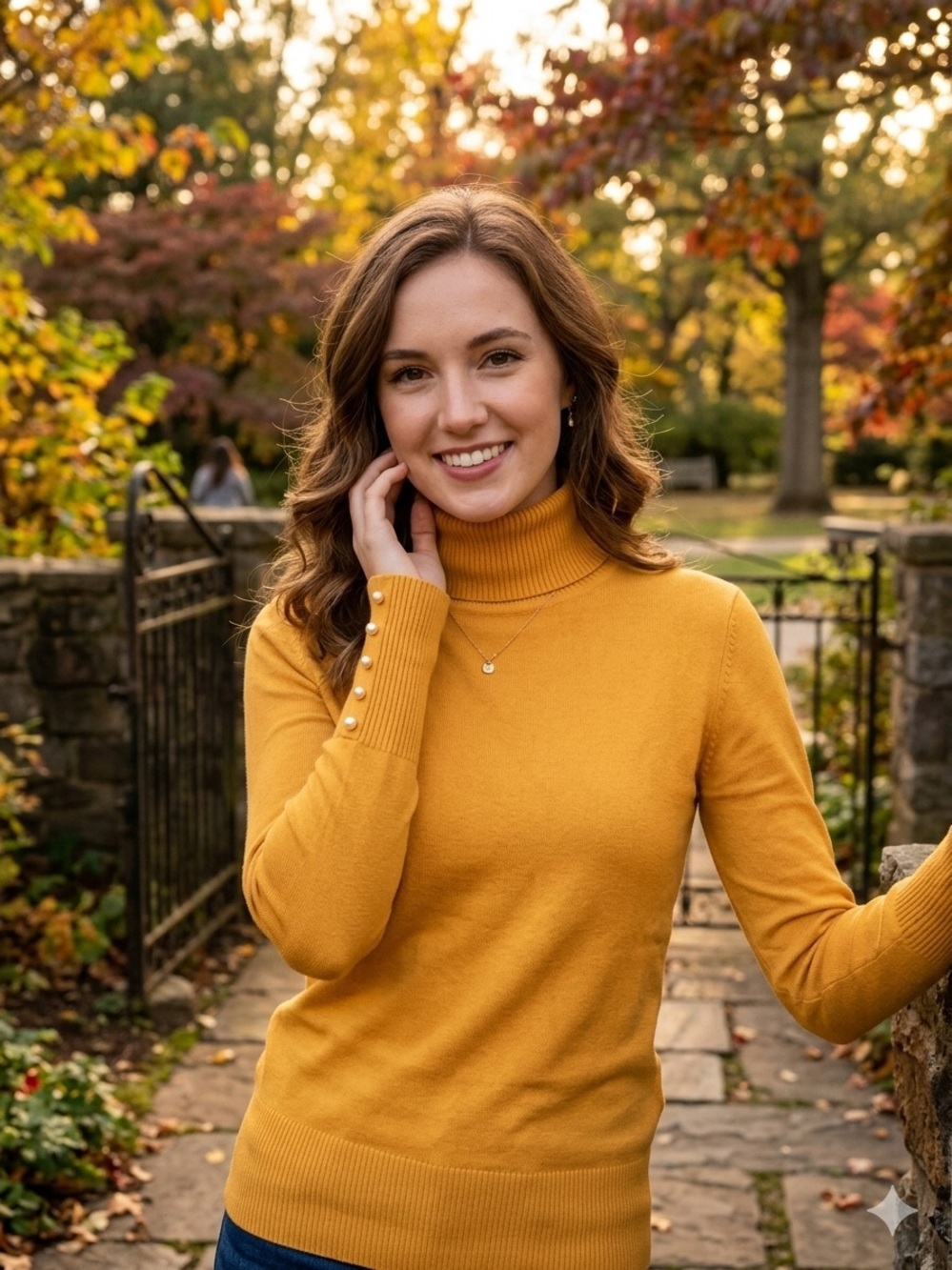 Spense Knit Mustard Pearl-Cuff Turtleneck Sweater